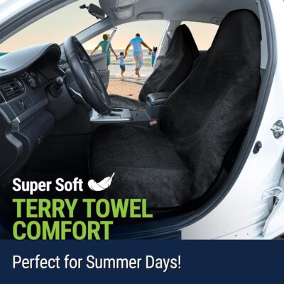 Season Guard Terry Cloth Sweat Towel Seat Cover; Carseat Towel Protector; Great for Gym Workout; Waterproof; Universal Fit for Car SUV Van Truck; EZ fit; Non Slip Grip; Machine Washable; 2pc Black - Image 6