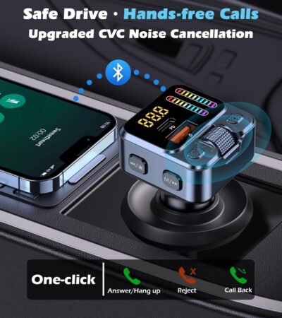 Bluetooth 5.3 Car Adapter with FM Transmitter & 42W PD Fast Charging, Wireless AUX/USB Music Receiver, Hands-Free Calls, Beat Sync LED Lights for Car Stereo, Compatible with All 12V-24V Vehicles - Image 3