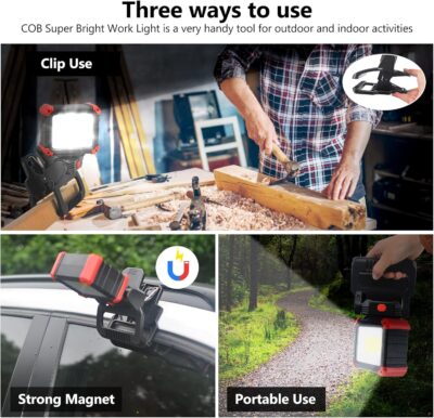 LED Rechargeable Work Light with Clamp, 2100LM Super Bright COB Magnetic Work Light with 3 Light Modes, 270° & 180° Rotation, Waterproof, Perfect for BBQ, Jobsite, Workshop, Car Repairing - Image 2