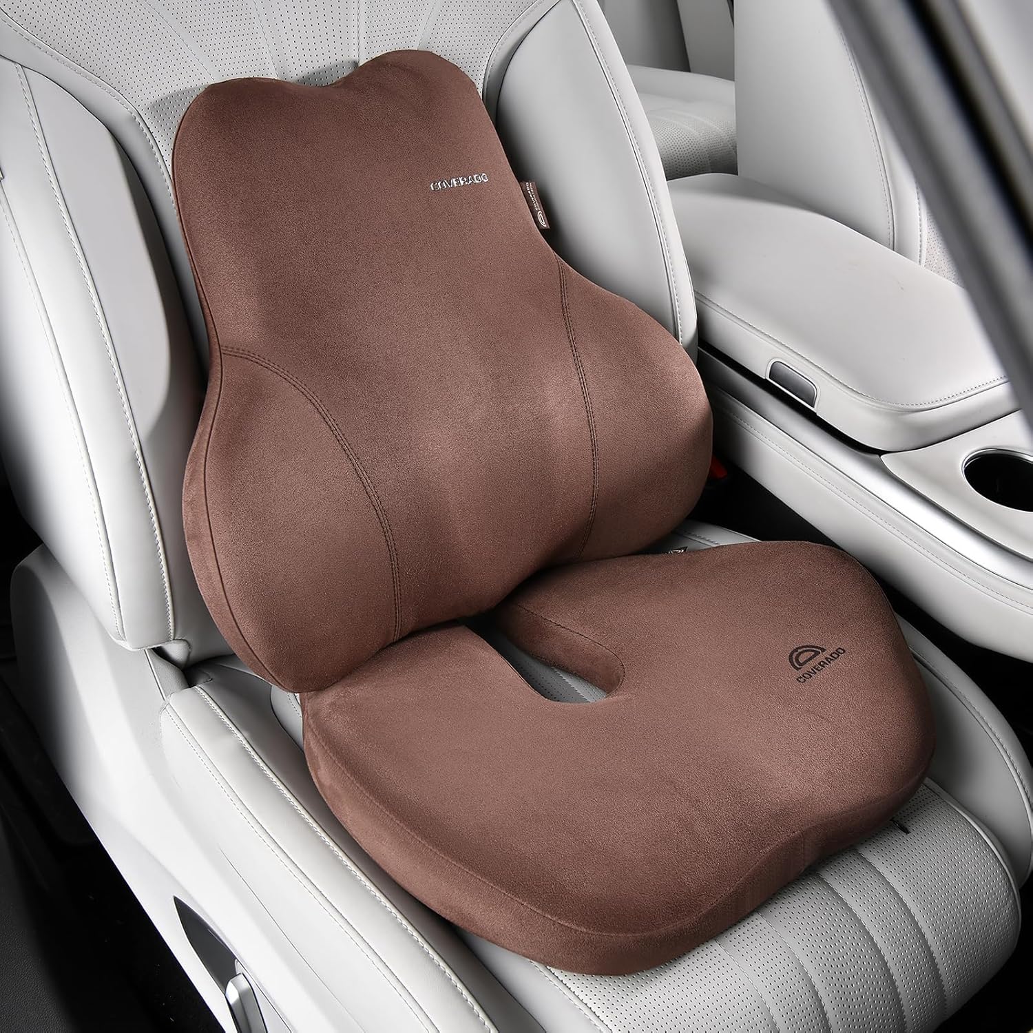 81XMox0-rmL._AC_SL1500_.jpg Coverado Memory Foam Car Seat Cushion and Lumbar Support Pillow for Car, Ergonomic Office Chair Cushion for Lower Back Pain Relief, Breathable & Non-Slip for Car, Home, and Office Use, Coffee - Image 1