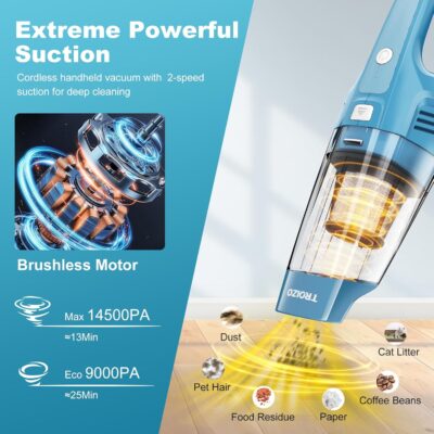 TROIZO Handheld Vacuum Cordless, 14500PA Powerful Suction Hand Held Vacuum Cleaner with Brushless Motor, Rechargeable and Portable Car Vacuum for Home Office Car Pet - Image 2