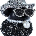 Black Diamond Rubber Duck with White Diamond Hat, Sunglasses & Pearl Necklace - Funny Car Dashboard Decor Accessory, Premium PVC Material