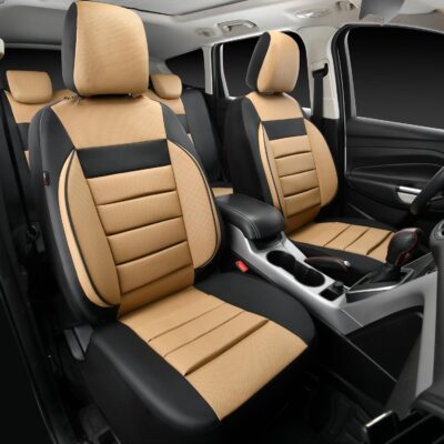 CAR PASS Leather Seat Covers Full Set Universal Water Resistant 3D Foam Back Support, Luxury Comfort Automotive 5 Seat Covers All Season Fit for SUV,Sedan,Van, Airbag Compatible Elegance(Beige Black) - Image 2