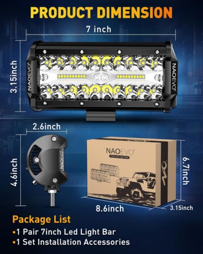 NAOEVO 7 Inch LED Light Bar, 240W 24,000LM LED Pods/Off Road/Fog/Driving Lights with Spot Flood Combo for Truck Boat UTV ATV, 2-Pack (White) - Image 7