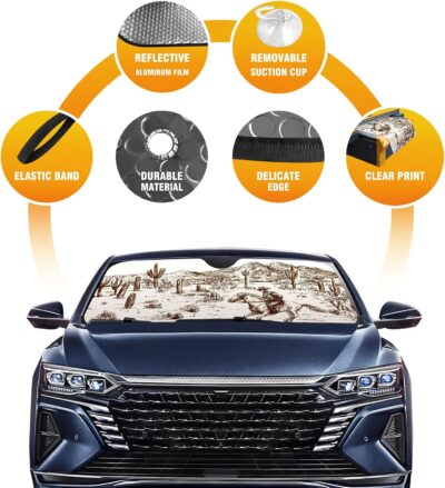 Wild West Desert with Cowboy Car Windshield Sunshade,Folding Sun Shade Auto Sun Visor Heat Protection Front Window, Car Sunscreen Blocks UV Rays and Keeps Vehicle Cool (55 x 30 Inch) - Image 5