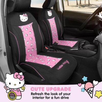 Carbella Hello Kitty Car Seat Covers - Cute and Durable Pink Front Seat Covers, Adorable Hello Kitty Design, Comfortable and Long-Lasting Polyester, Car Accessories Gift 2pc Black/Pink - Image 4