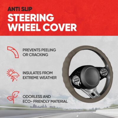 Motor Trend Soft Touch Leather Beige Steering Wheel Cover with Grooves, Advanced Traction Universal Fit for Standard Sizes 14.5 15 15.5 inches - Image 2