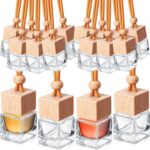 Rtteri 100 Pcs Hanging Car Air Freshener Diffuser Bottles Empty Glass Perfume Diffuser Vials Refillable Oil Aromatherapy Pendant with Wooden Caps and Hanging String for Car Home Office Decor(Square)