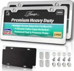 Premium Chrome License Plate Frames with 2 Anti-Scratch Pads & 4 Tire Valve Caps, Heavy Duty Rust-Free Chrome License Plate Frame 2 Pack for Women & Men, 2 Holes Universal Fit for Cars & Trucks