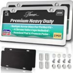 Premium Chrome License Plate Frames with 2 Anti-Scratch Pads & 4 Tire Valve Caps, Heavy Duty Rust-Free Chrome License Plate Frame 2 Pack for Women & Men, 2 Holes Universal Fit for Cars & Trucks