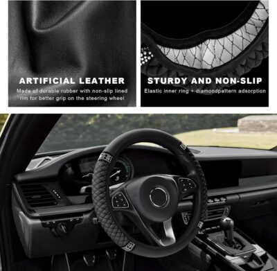 Bling Soft Leather Steering Wheel Cover, 14.5-15 Inch Sparkly Rhinestones Non-Slip Car Steering Wheel Protector, Elastic Auto Steering Wheel Cover Interior for Women Girls (Black) - Image 3