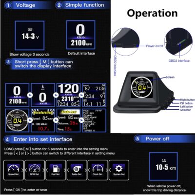 Geloo Car HUD Head Up Display, OBD2 HUD Display with OBDII GPS Dual System OBD2 Speedometer Gauge 8 Modes Multifunction Gauge Dashboard Display Smart Gauge can Installed Dashboard or A-Pillar Trim - Image 4