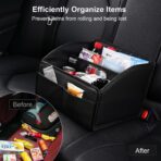 Car Storage Organizer [2025 UPDATED] Leather Car Caddy Basket for Front Seat Floor Back Seats Metal Handle 6 Compartments Adjustable Strap Buckles Slip-Resistant (Black) - Image 5
