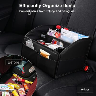 Car Storage Organizer [2025 UPDATED] Leather Car Caddy Basket for Front Seat Floor Back Seats Metal Handle 6 Compartments Adjustable Strap Buckles Slip-Resistant (Black) - Image 5