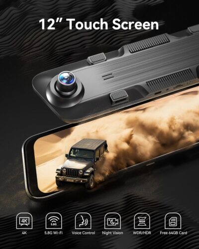 WOLFBOX 12" 4K Rear View Mirror Camera with 5.8GHz WiFi and Voice Control, Smart Mirror Dash Cam Front and Rear, Backup Camera with 1080P Rear Camera, Dash Cam with WDR, Includes 64GB Card & GPS - Image 2