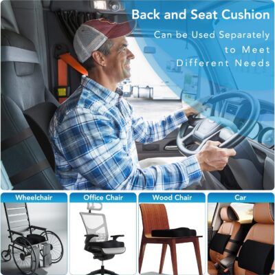 Seat Cushion & Lumbar Support Pillow for Office Chair, Car, Wheelchair Memory Foam Desk Chair Cushion for Sciatica, Lower Back & Tailbone Pain Relief Desk Pad with Adjustable Strap 3D Washable Cover - Image 3