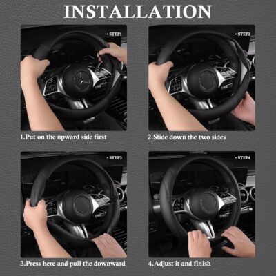 CAR PASS Microfiber Leather Steering Wheel Cover and Waterproof Car Floor Mats,Universal Car Combo Fit for 95% Sedan,SUV,Cars,14.5-15inch Anti-Slip Safety Comfortable Faux Leather Design(Solid Black) - Image 6
