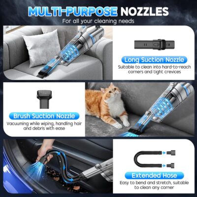 JONYJ Handheld Vacuum Cordless, 16000PA Strong Suction Hand Held Car Vacuum Cleaner, Portable Hand Vacuum Rechargeable with Multi-Nozzles & LED Light for Home, Car, Office, Pets - Image 3