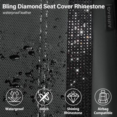 CAR PASS Leather Bling Diamond Car Seat Covers Full Set, Shining Rhinestone Waterproof Durable Rear with Zipper, Universal Fit Automotive Glitter Crystal Sparkle Strip for Cute Women Girly Black - Image 5