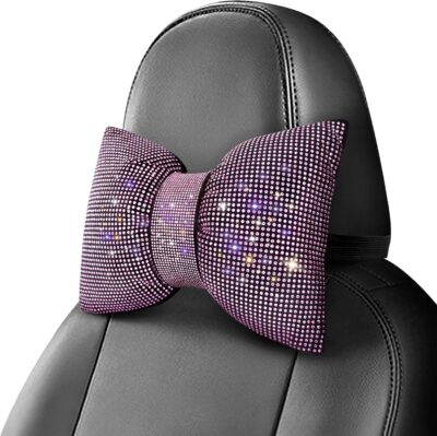 surpassme 2PCS Rhinestone Car Headrest Neck Pillow for Driving with Bling Bling Crystal Bow Pillow Car Accessories for Women (Pink) - Image 2