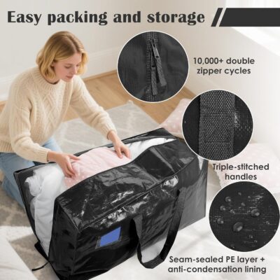 6 Pack Extra Large Heavy Duty Moving Bags with Reinforced Zipper & Wide Handles, Moisture-Resistant Storage Bins Packing Cubes for Clothes, College Dorm, Travel, and Home Organization, Black - Image 3