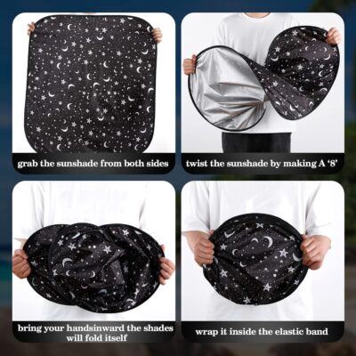 Moukeren 2 PCS Windshield Sun Shade for Car Foldable Window Covers for Car Accessories Reflect UV Sun Heat Protector for Universal Cars SUV Truck RV (Star Moon,31.75 x 28.75 Inch) - Image 7