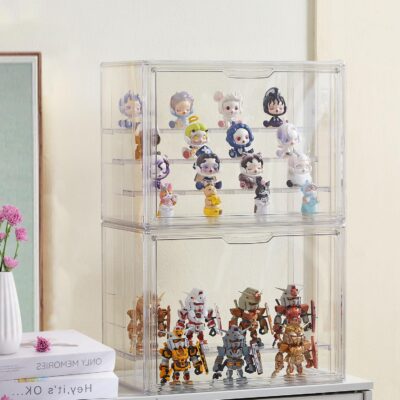 Clear Acrylic Display Case Upgrade 4 Tier Figure Display Cases with 3 Movable Dividers, Stackable Display Box Showcase with Magnetic Door for Collectibles (Large-1pack) - Image 2