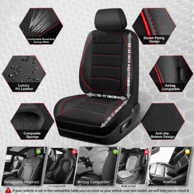CAR PASS Mesh Leather Car Seat Covers Full Set,Breathable Mesh Faux Leather Seat Covers for Car, Universal Fit for SUV Truck Sedan Automotive, Airbag Compatible, Black and Red - Image 3