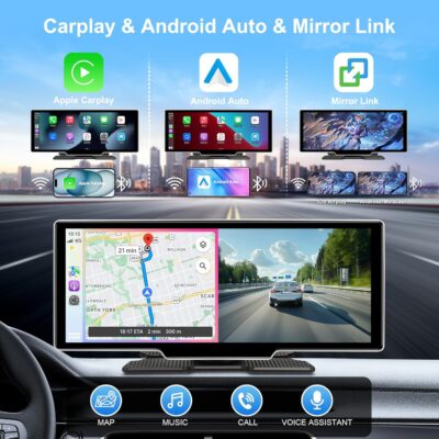 10.26" Wireless Carplay Screen for Car with 4K Dash Cam | Portable Car Play & Android Auto Touch Screen, 1080p Backup Camera, Mirror Link, Voice Control, GPS Navigation | for All Cars - Image 2