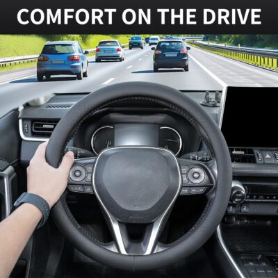 Uxcer Nappa Leather Steering Wheel Cover, Universal 14.5–15 Inch Non-Slip Breathable Steering Wheel Cover for Cars, Black - Image 4