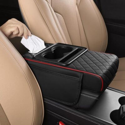 FREESOO Car Center Console Cover, Leather Armrest Cover for Car, Universal Middle Console Cushion with Storage Box, Cup Holder, Tissue Box & Phone Slot, Waterproof Interior Accessories, Black Red - Image 9