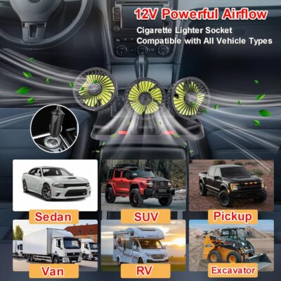 Triple-Head Fan for Car, Portable Car Fans for Vehicles Cars RV Vent with 360° Rotation Cigarette Lighter Plug - Image 6