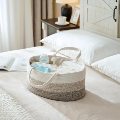 luxury little Diaper Caddy Organizer, Large Cotton Rope Nursery Baby Basket, Changing Table Organizer for Baby Diaper Storage, Portable Car Organizer Removable Divider (Gradient Brown, Extra Large) - Image 3