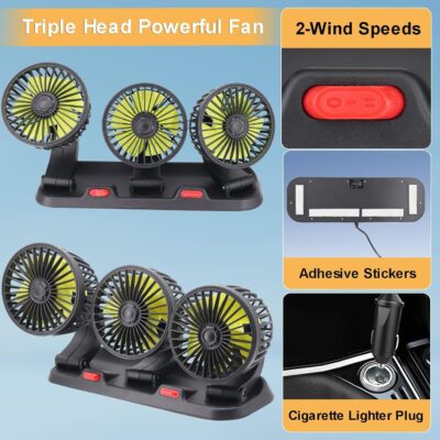 Triple-Head Fan for Car, Portable Car Fans for Vehicles Cars RV Vent with 360° Rotation Cigarette Lighter Plug - Image 5