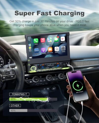 2026 Single Din Car Stereo with Wireless Apple CarPlay & Android Auto, 7-inch HD Motorized Flip Out Touchscreen Head Unit, Upgrade Type-C Fast Charge/USB/Bluetooth 5.1/DSP/AM/FM Radio Receiver - Image 3