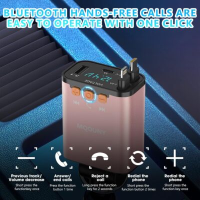 Retractable Car Charger,5 in 1 Fast Cars Phone Charger 60w,Bluetooth 5.3 FM Transmitter Adapter,Handsfree Call,MP3 Player,2 Retractable Cables and USB Chargers, for Phone,Galaxy,Pixel (Pink) - Image 3