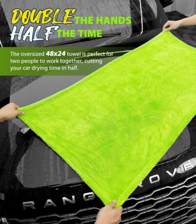 KKV Full-Sized SUV Drying Towel, 48”x24” Dual Sided Microfiber Car Cleaning Towel with Twisting Yarn Technique, 1400GSM Super Absorbent, Scratch-Free, Machine Washable (Darkgray-GreenYellow) - Image 6
