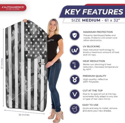 Autoamerics 1-Piece Windshield Sun Shade Gray Camo American Flag USA Design - Foldable Car Front Window Sunshade for Most Sedans SUV Truck - Blocks Max UV Rays and Keeps Your Vehicle Cool - Medium - Image 2