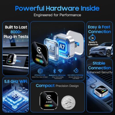 4-in-1 Wireless CarPlay & Android Auto Dongle, 5-Second Auto Connect, Low Latency Screen Mirroring.Convert Wired to Wireless for Car,USB A/C (Silver) - Image 4