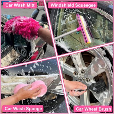 Pink 62" Car Wash Brush with Long Handle,Chenille Microfiber Car Wash Mop Sponge Mitt ,Windshield Window Squeegee,Wheel Brush,Car Detailing Brushes,Car Duster,Towel,Car Cleaning Kit for Cars RV Truck - Image 7