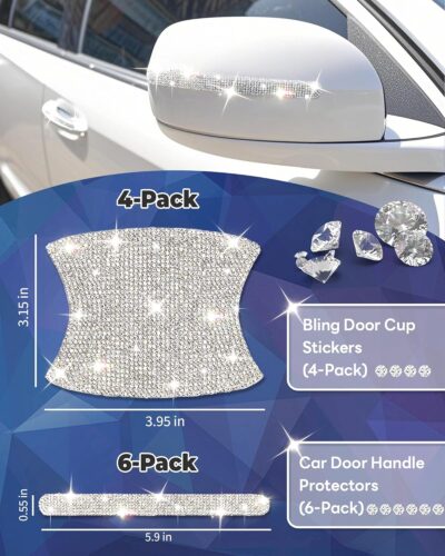 Bling Car Door Handle Protector, 10 PCS, White Sparkling Rhinestone Cars Door Protective Cover, Anti-Scratch Auto Handles Sticker, Universal Bling Car Accessories for Women - Image 2