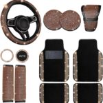 NBTEPEM 12 Pcs Bling Car Accessories Set for Women Car Floor Mats Full Set Steering Wheel Cover Seat Belt Covers Coasters Universal Fit Car SUV Truck Van Gold