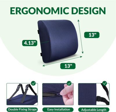 Back Support Pillow for Office Chair and Car Seat,Lumbar Support for Office,Charcoal Memory Foam Back Cushion-Breathable Mesh Cover,Double Adjustable Straps,Dark Blue - Image 2
