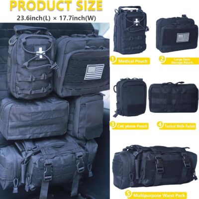 Universal Tactical Car Seat Back Organizer Bag Tactical Molle Vehicle Organizers Panel Vehicle Protector Organizers with 5 Detachable Pouches for Car Truck Ford Jeep (Upgraded C model Black) - Image 2