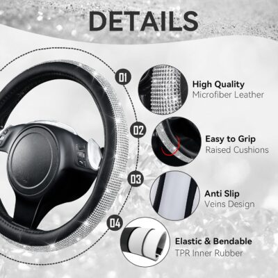 CAR PASS 23 PCS Bling Diamond Car Accessories Set for Women, Leather Seat Covers Full Set Sparkly Rhinestone15'' Steering Wheel Covers Shining Car Floor Mats Cute Aotumotive Interior Sets, Silver - Image 4