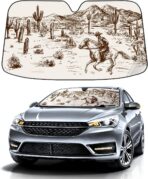 Wild West Desert with Cowboy Car Windshield Sunshade,Folding Sun Shade Auto Sun Visor Heat Protection Front Window, Car Sunscreen Blocks UV Rays and Keeps Vehicle Cool (55 x 30 Inch)