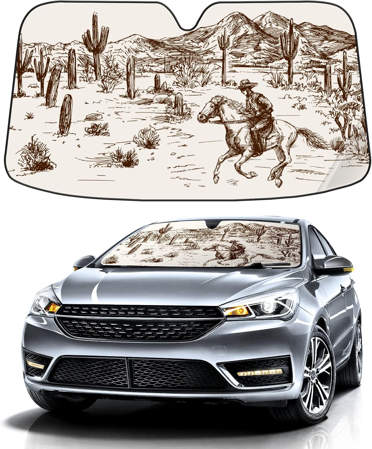 81gKa5d6mPL._AC_SL1500_.jpg Wild West Desert with Cowboy Car Windshield Sunshade,Folding Sun Shade Auto Sun Visor Heat Protection Front Window, Car Sunscreen Blocks UV Rays and Keeps Vehicle Cool (55 x 30 Inch) - Image 1
