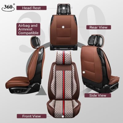OASIS AUTO Car Seat Covers Full Set, Luxury Stylish Waterproof Faux Leather, Universal Fit for SUV, Sedan, Pick-up Truck, Automotive Interior Protectors (OS-007 Brown) - Image 2