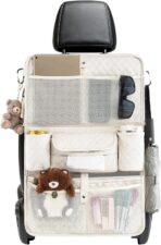 Car Backseat Organizer with Foldable Table Tray - 11 Storage Pockets PU Leather Back Seat Organizer with Tablet Holder, Seat Back Protector for Kids Family Road Trip Travel Accessories (Beige)