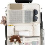 Car Backseat Organizer with Foldable Table Tray - 11 Storage Pockets PU Leather Back Seat Organizer with Tablet Holder, Seat Back Protector for Kids Family Road Trip Travel Accessories (Beige)